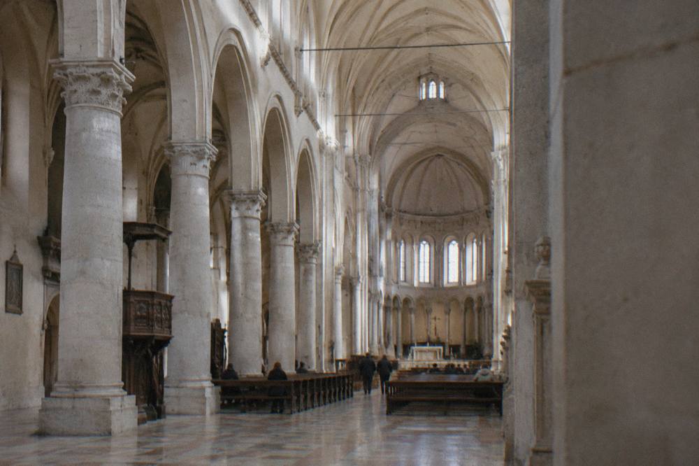 The pale stone nave of Padua Cathedral with its columns and vaulted ceiling
