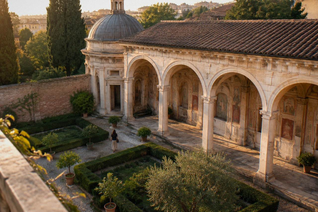 A Renaissance loggia with arched openings and frescoed walls facing a quiet garden