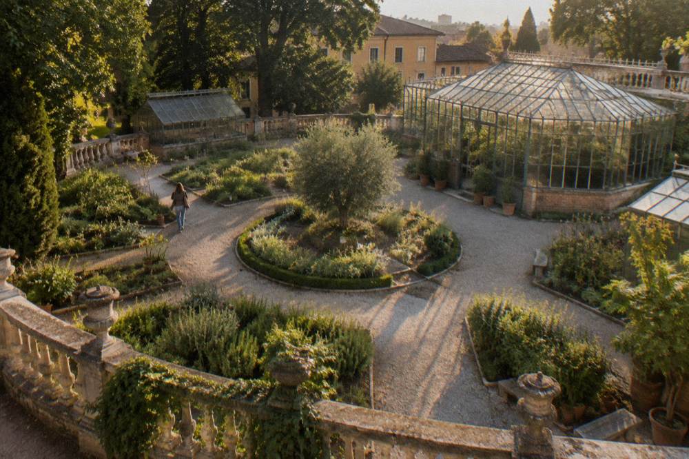 Greenhouse and beds of medicinal plants in a Renaissance botanical garden