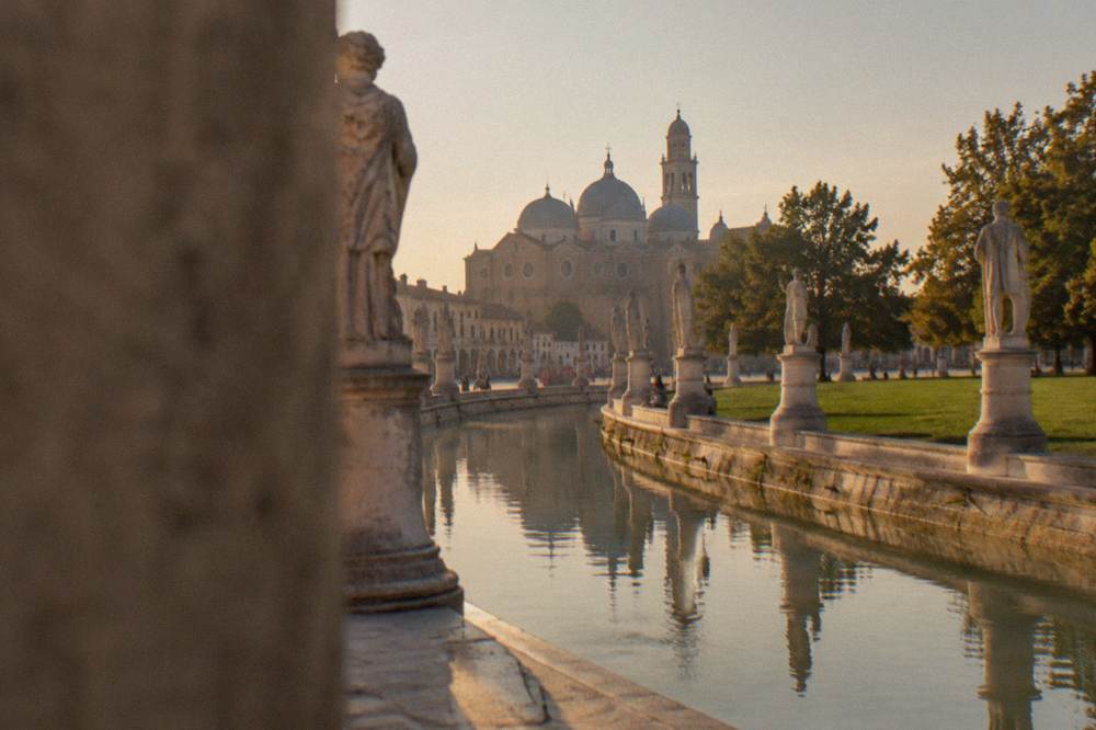 The large oval square with canal and statues at Prato della Valle in Padua
