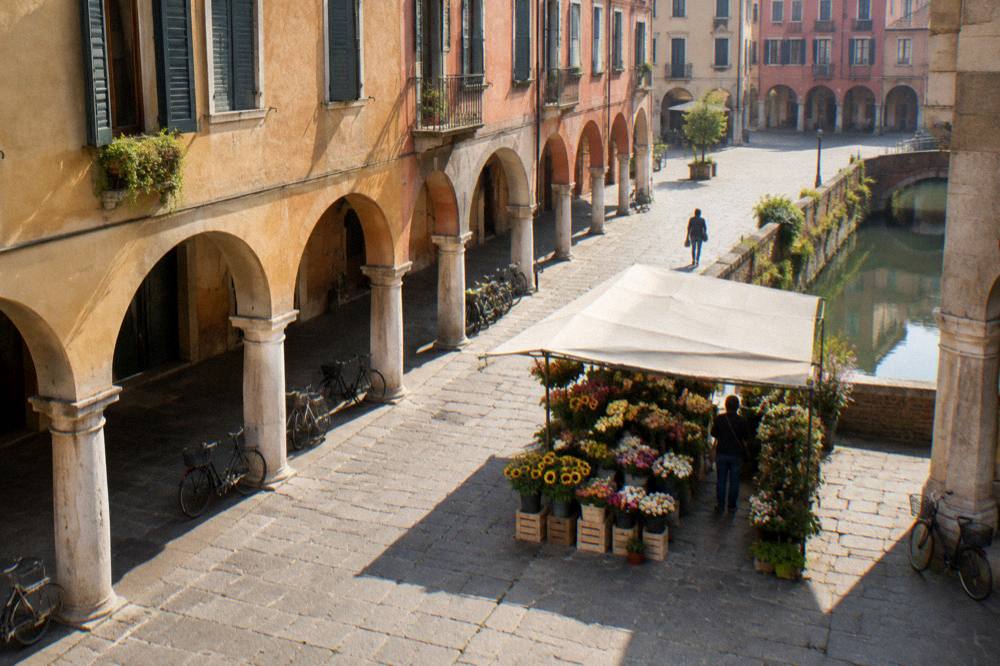 A market stall with flowers beside arcaded buildings in Padua