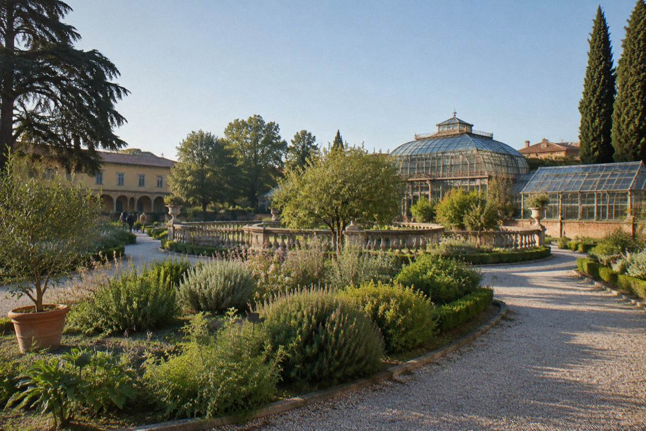 A historic walled botanical garden with formal beds of medicinal plants and tall greenhouses in the background