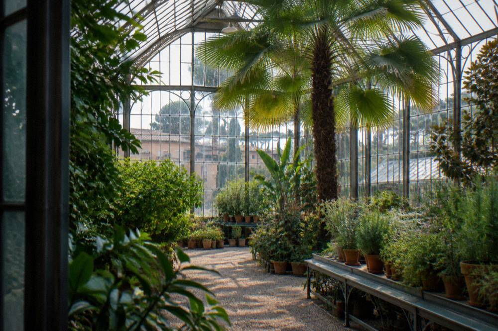 A tall greenhouse interior with a palm tree rising under glass and benches of potted plants below