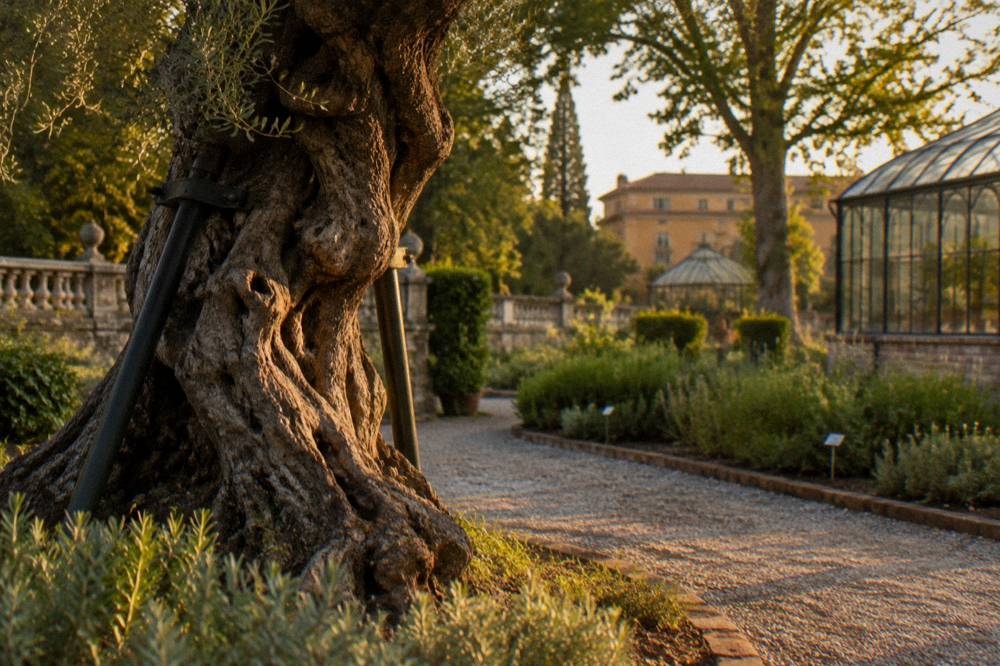 An ancient gnarled tree trunk supported by brackets beside a gravel path in a walled garden