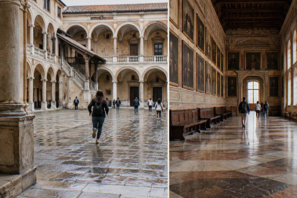 A grand interior hall of Palazzo Bo with decorated walls and rows of historic portraits