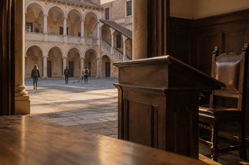 A historic wooden lectern and chair in a panelled university hall