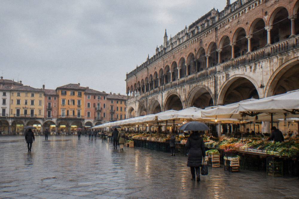 A market square in Padua with stalls under medieval arcades