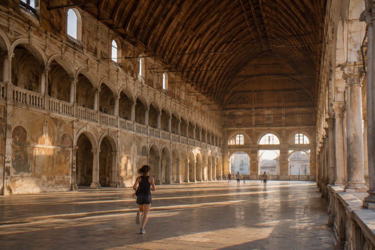 The large arched hall of the Palazzo della Ragione in Padua with its wooden ship keel roof and frescoed walls