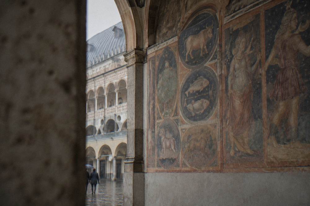 Close view of a frescoed wall panel showing zodiac and allegorical figures in the Salone