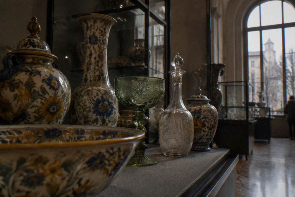 Ornate ceramics and glassware arranged on shelves inside a dimly lit museum room