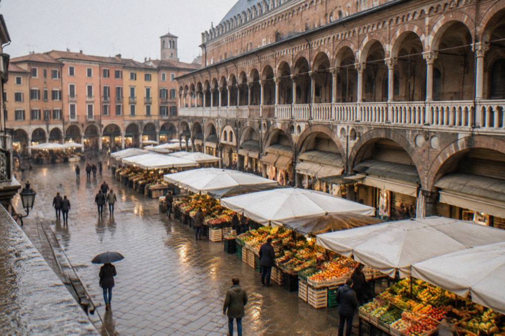 Interior of a covered food market with vaulted ceilings and produce stalls