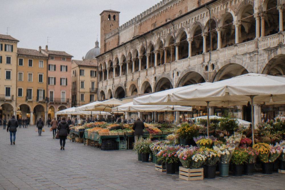 Flower and vegetable stalls in the morning light of an Italian market square