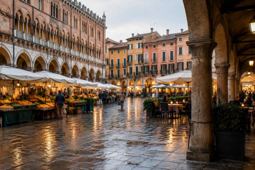 Evening tables and lights under the arcades of a Italian square