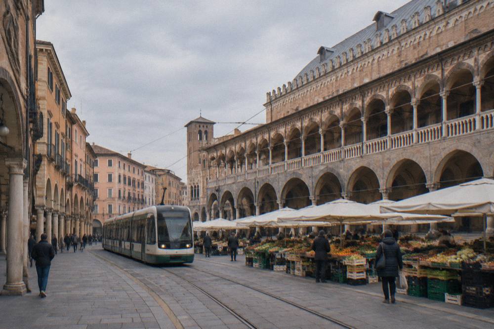 A tram passing arcaded streets in a northern Italian city