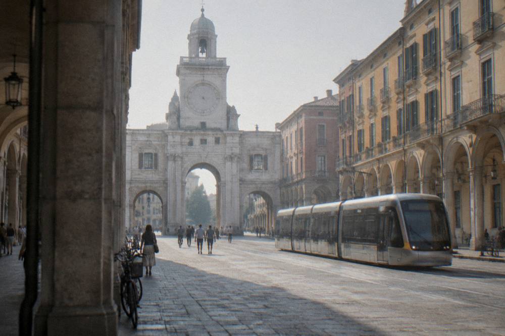 A modern tram passing historic arcaded buildings in an Italian city street