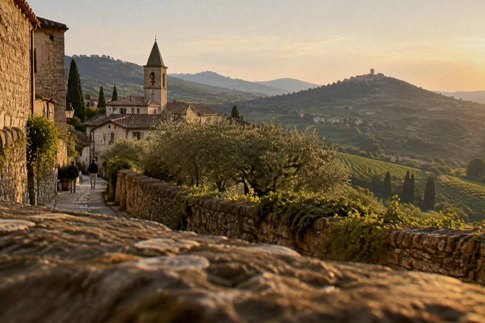 Rolling green hills with vineyards and a small hilltop village in the Veneto