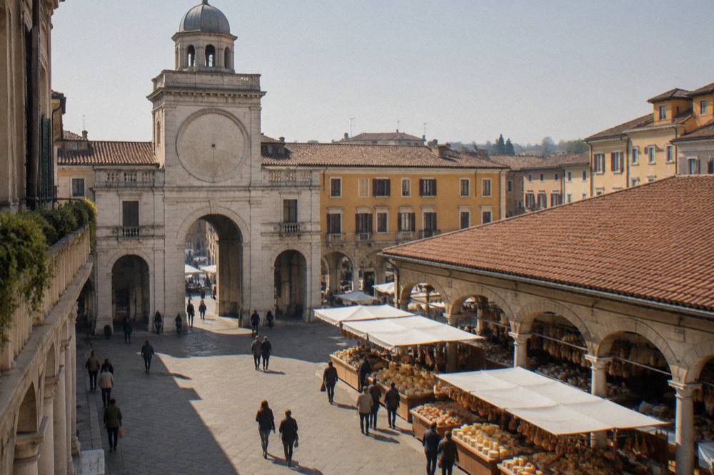 A covered market hall with counters of cheese, bread and cured meats