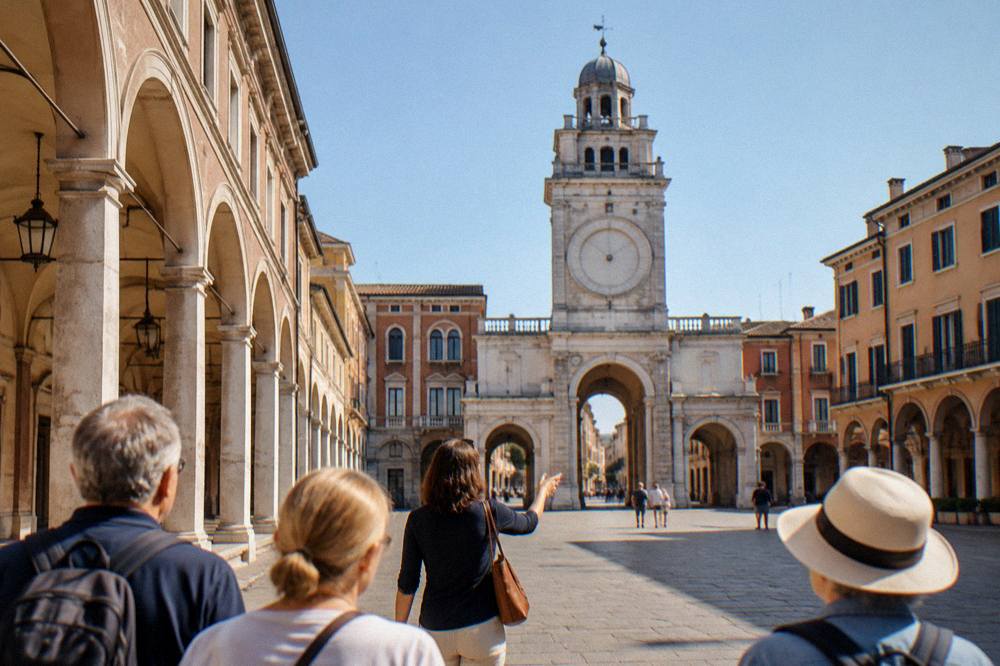 A guide leading a small group of visitors through an old Italian arcade street