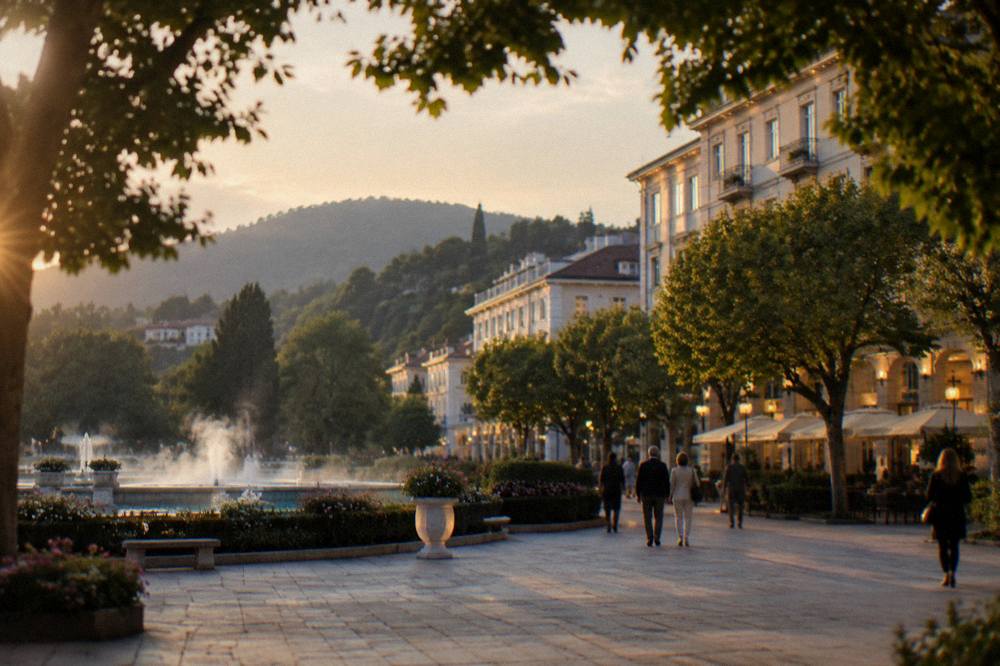 Evening view across a spa town plaza with lit facades and people strolling under trees