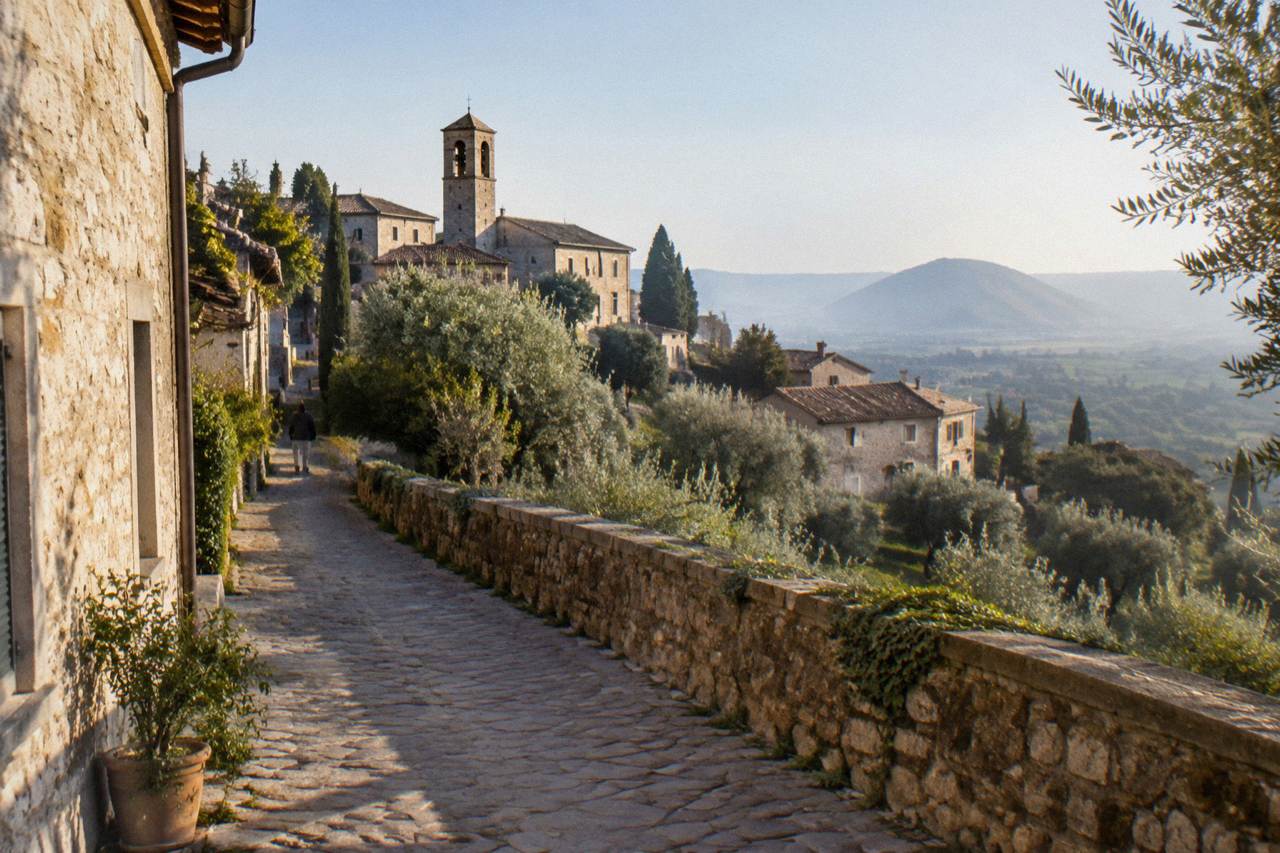 Stone houses of a small hill village rising above olive groves in the Euganean Hills