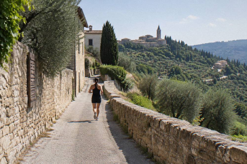 A country road winding between wooded hills with a village on the ridge