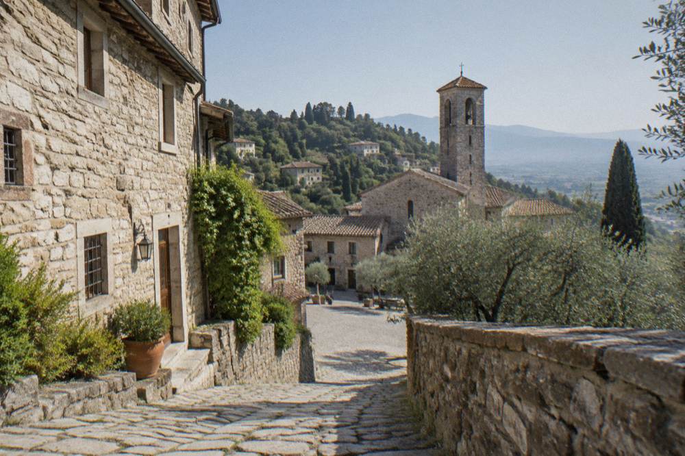 A stone house museum with small windows set above a village square