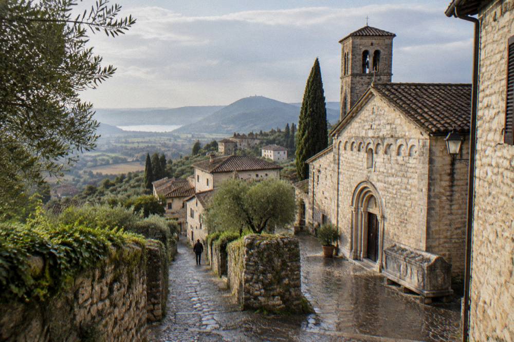 A Romanesque village church with a stone sarcophagus beside its facade