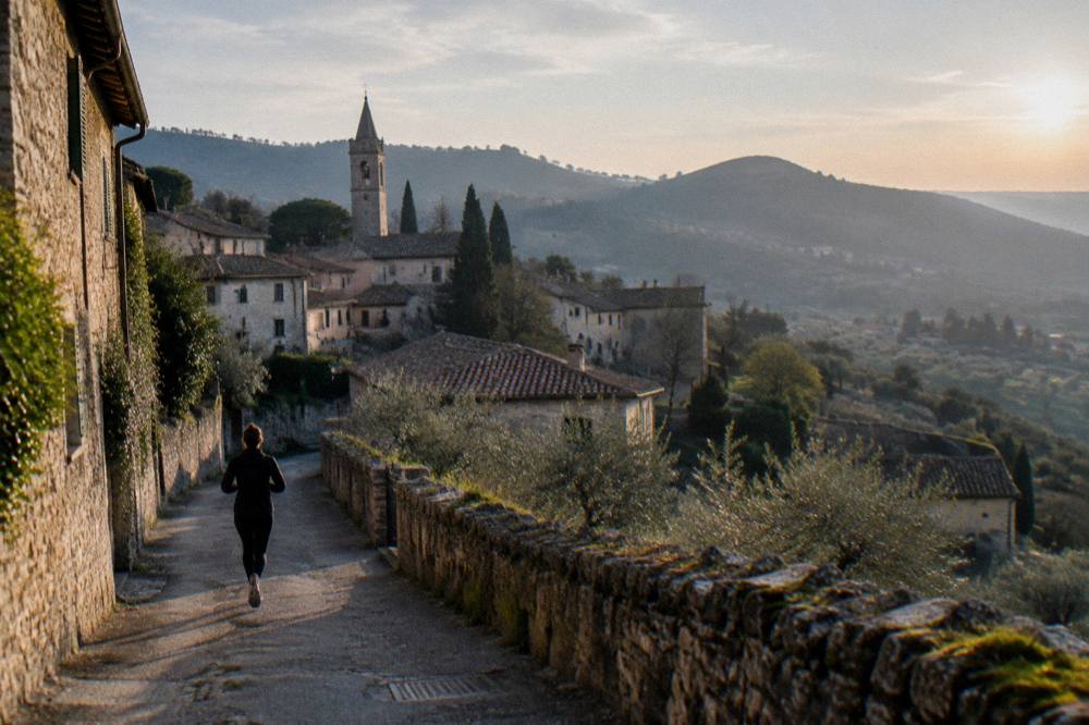 Evening light over the rooftops of a hill village with wooded ridges beyond