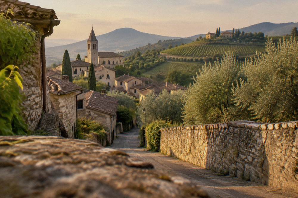 Steep vineyard rows on hillsides in the Veneto wine country north of Padua