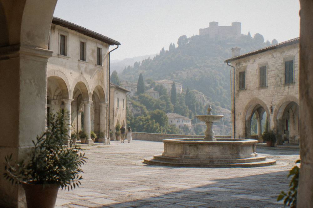 A quiet stone square in a hill town with a fountain and arcades in morning light