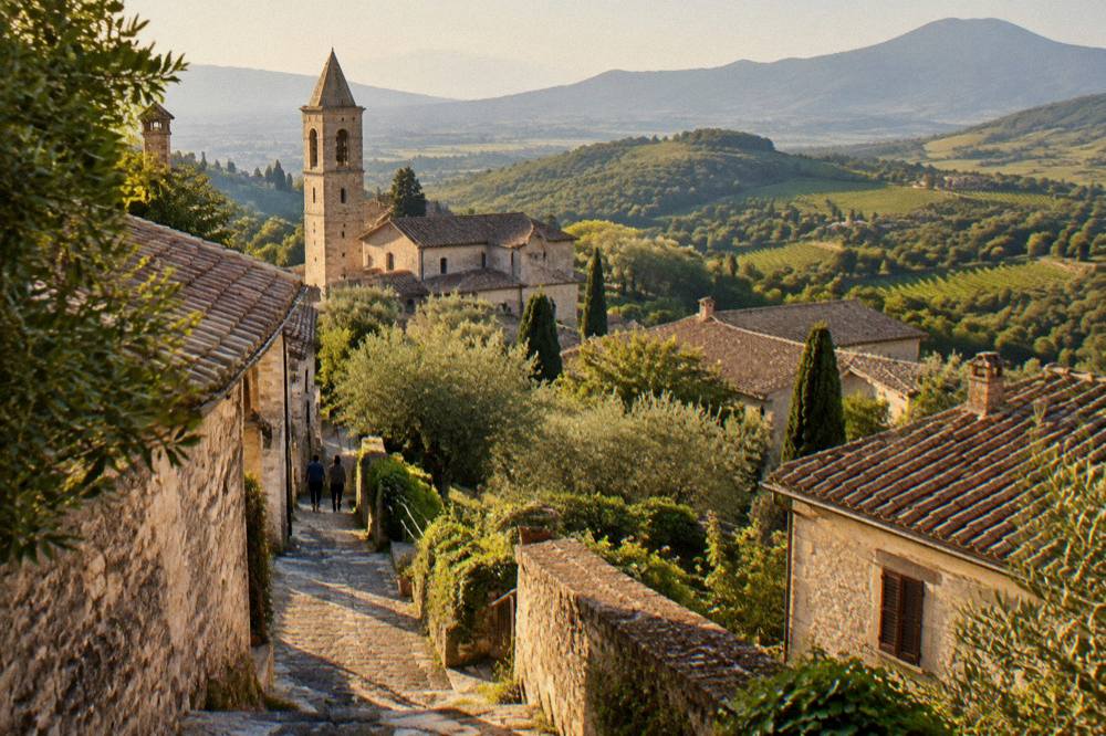 Rolling green hills with vineyards and woodland stretching toward distant mountains