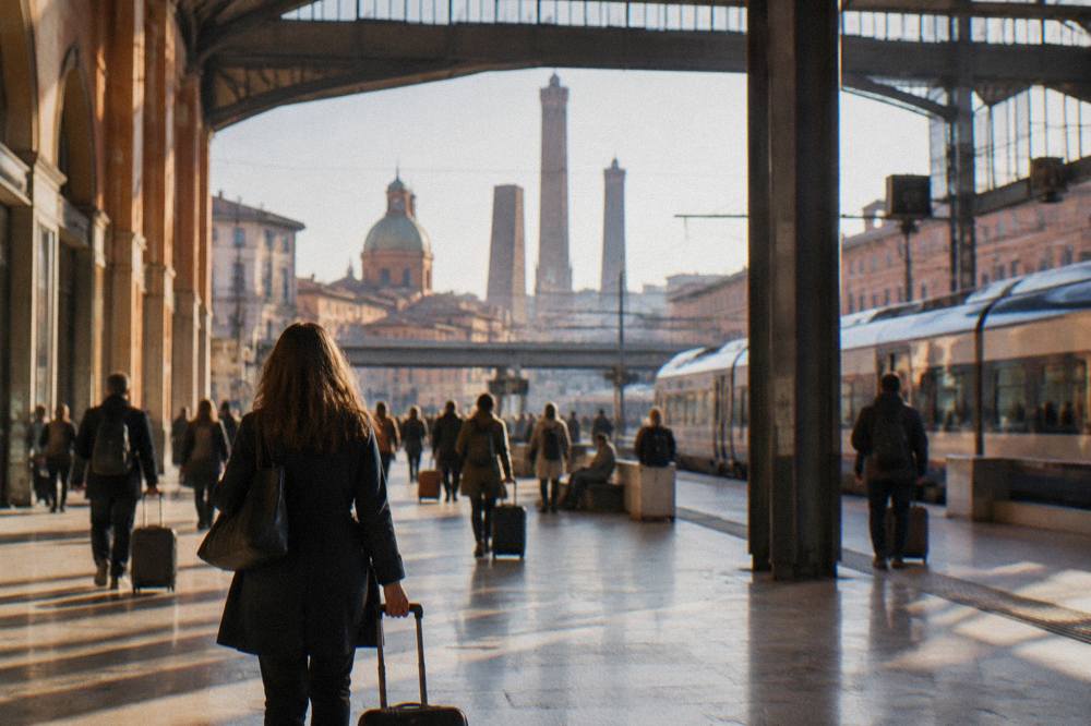 Bologna Centrale station concourse with travellers and departure boards