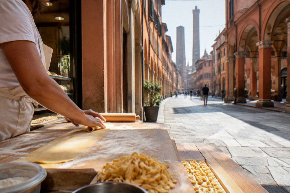 Fresh pasta being rolled by hand at a workbench in an Italian food shop