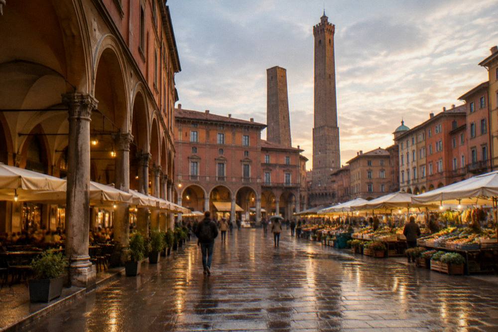Evening view of Padua's arcaded square with market stalls and lit cafe fronts