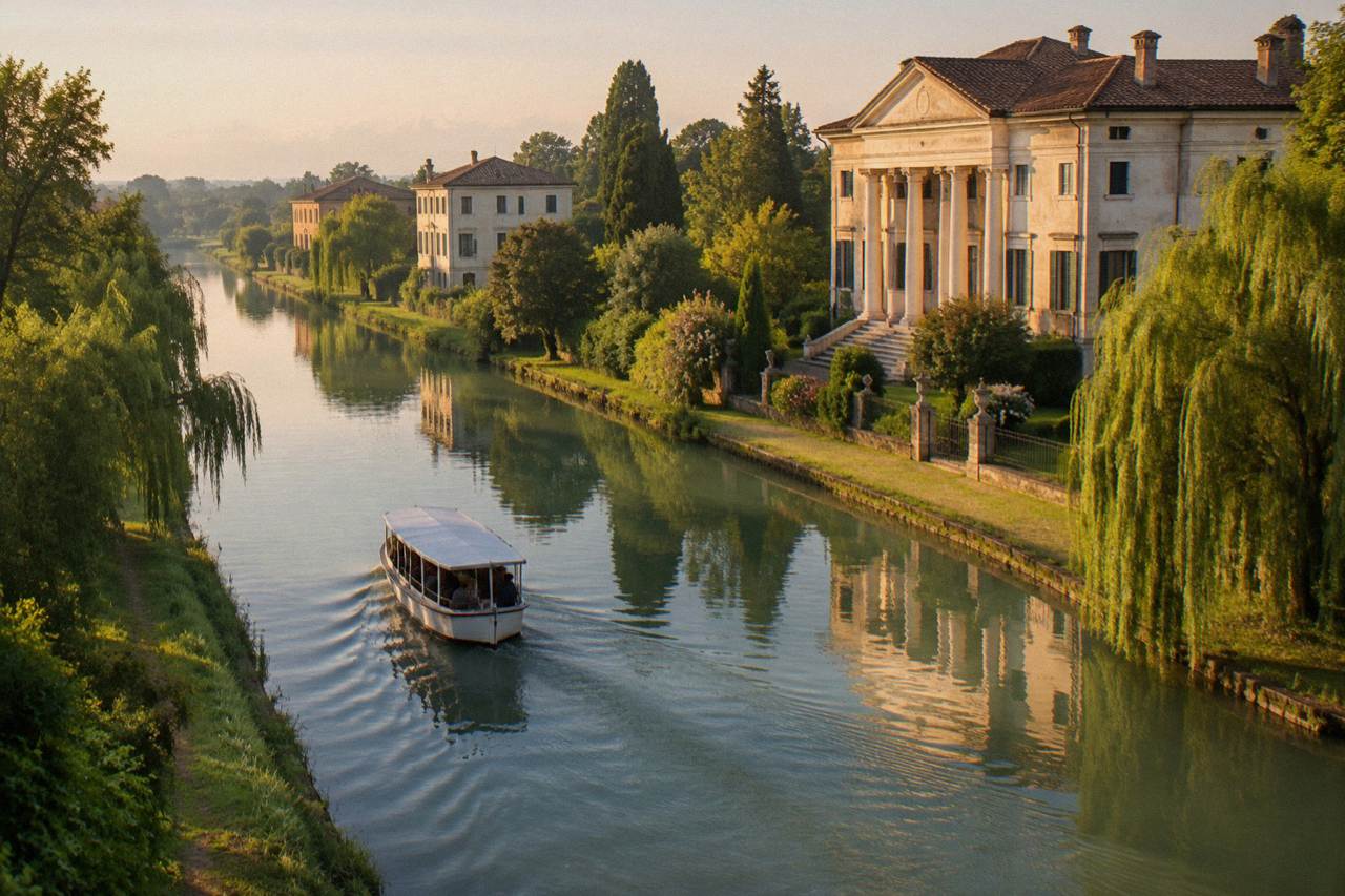 A country villa with a classical facade reflected in a calm canal lined with trees