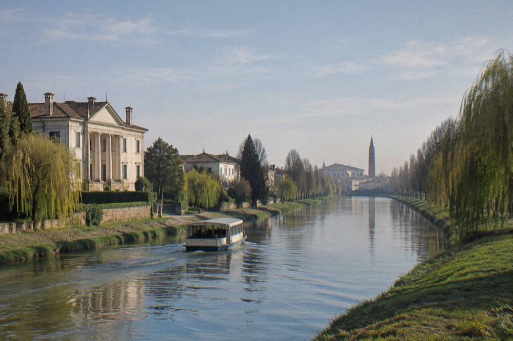 A long tree-lined canal straight ahead with a villa bell tower in the distance