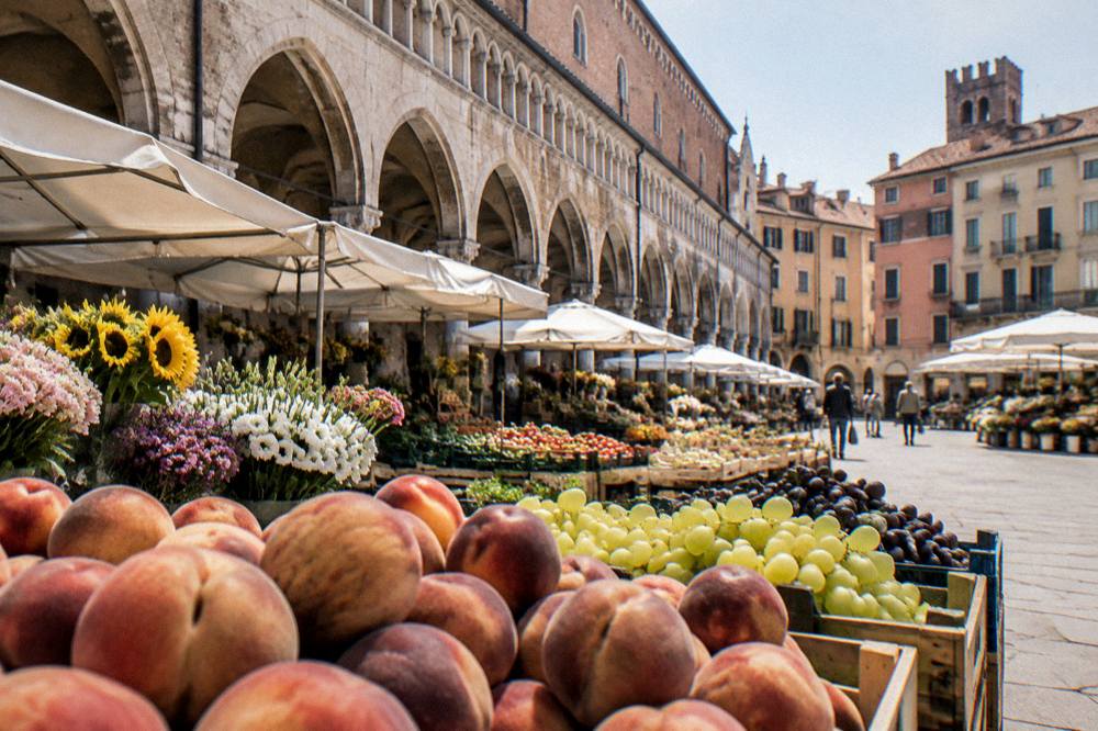 Market stalls with fruit and flowers under the arcades of Piazza delle Erbe in Padua