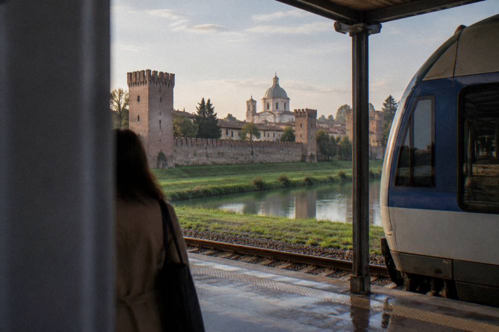 Regional train at an Italian station platform on the Veneto plain