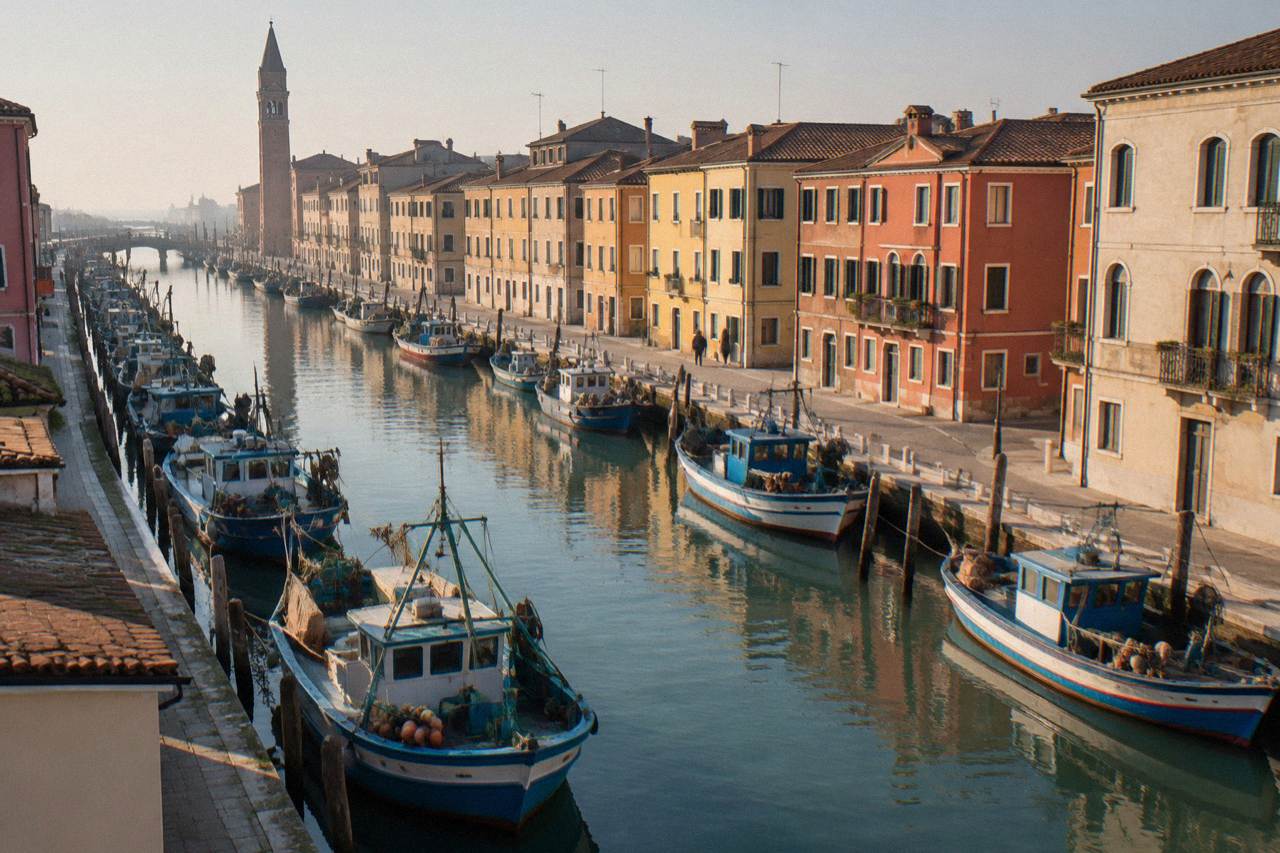 Fishing boats moored along a canal in Chioggia with coloured houses behind them