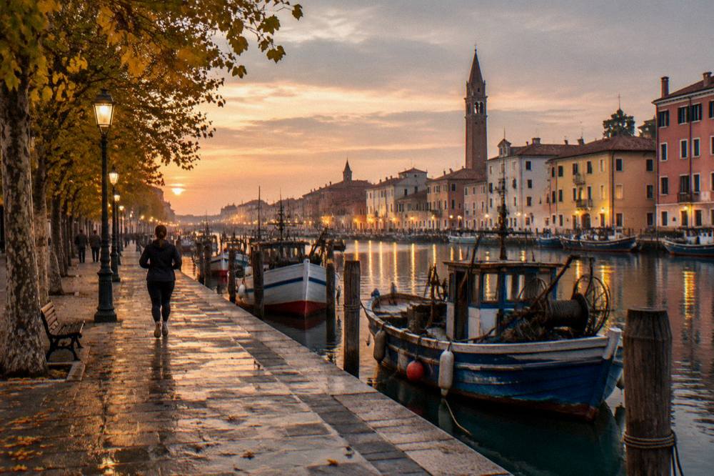 Dusk falling over a canal with lights reflecting on the water and boats at rest