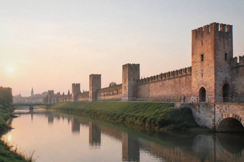Towers of a medieval wall at dusk with warm light on stone