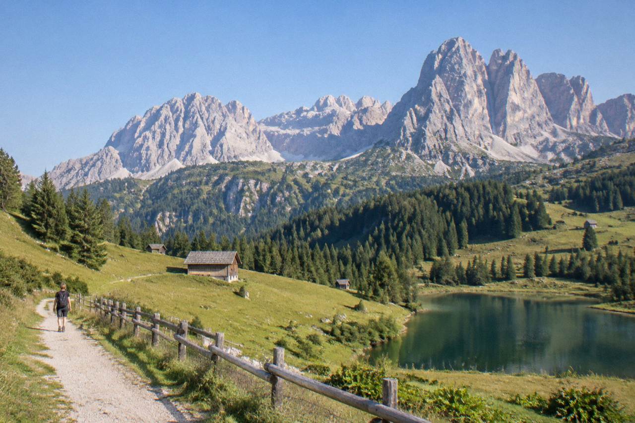 Rocky pale peaks of the Dolomites rising above green alpine meadows under a clear sky