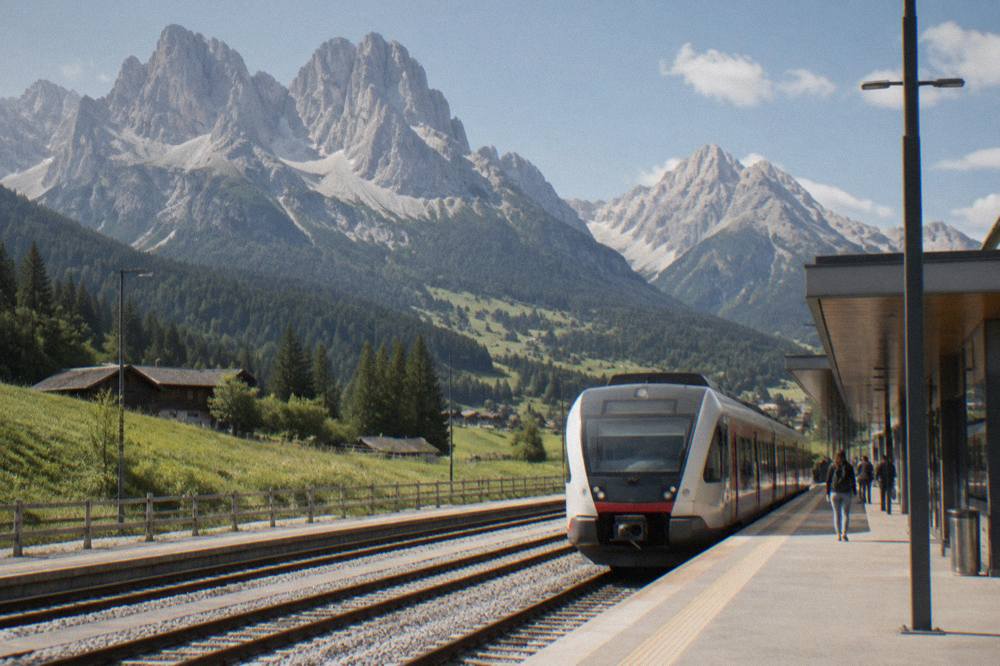 A regional train waiting at an Italian station platform beside modern station buildings