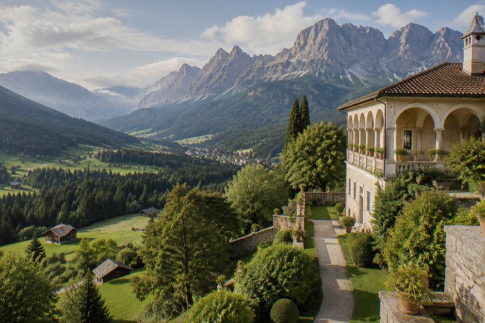 A Renaissance villa with loggias overlooking countryside gardens near hills