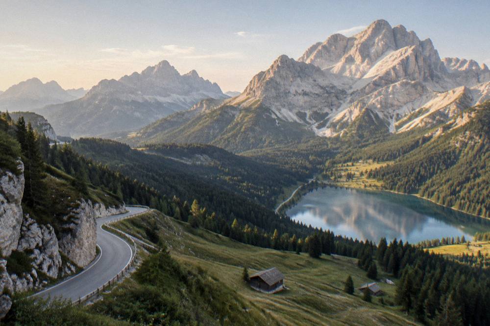 A mountain road winding toward pale peaks with a small lake below in evening light