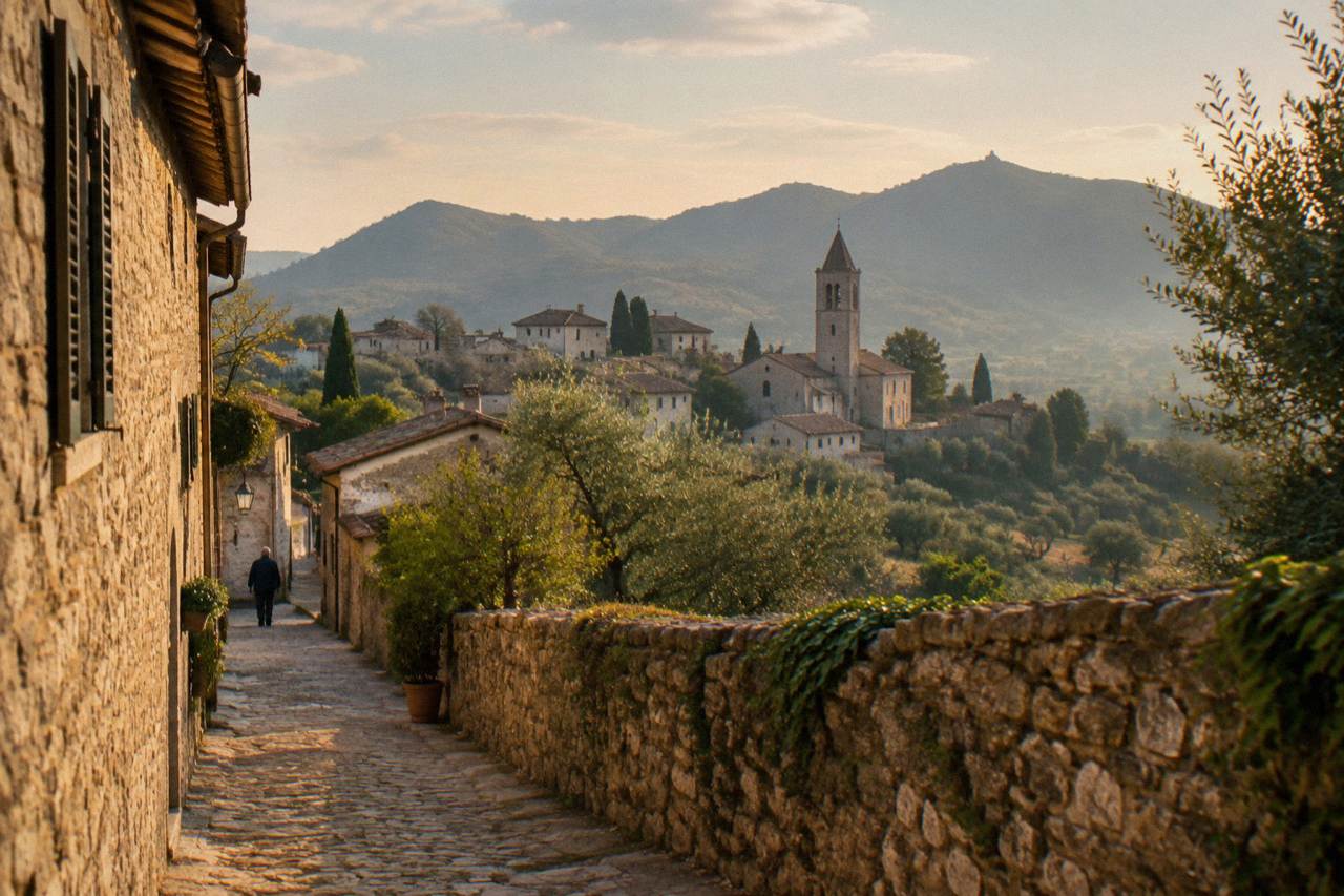 Rooftops and towers of a small walled town in the Euganean Hills under a soft sky