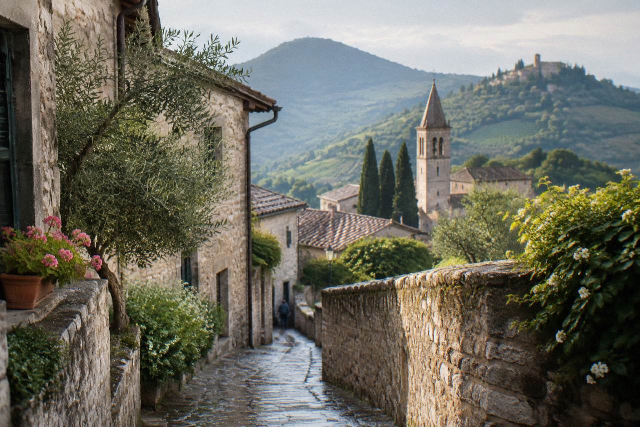 Rolling green hills rising above vineyards and a small hilltop village in northern Italy