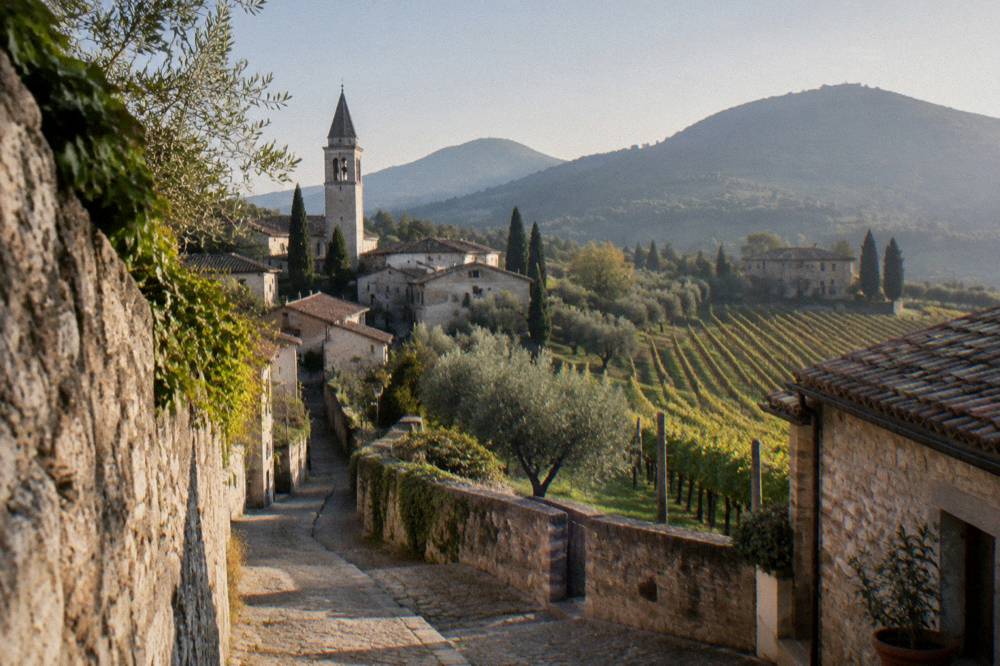 Rows of vines on a slope with a stone farmhouse and hills behind