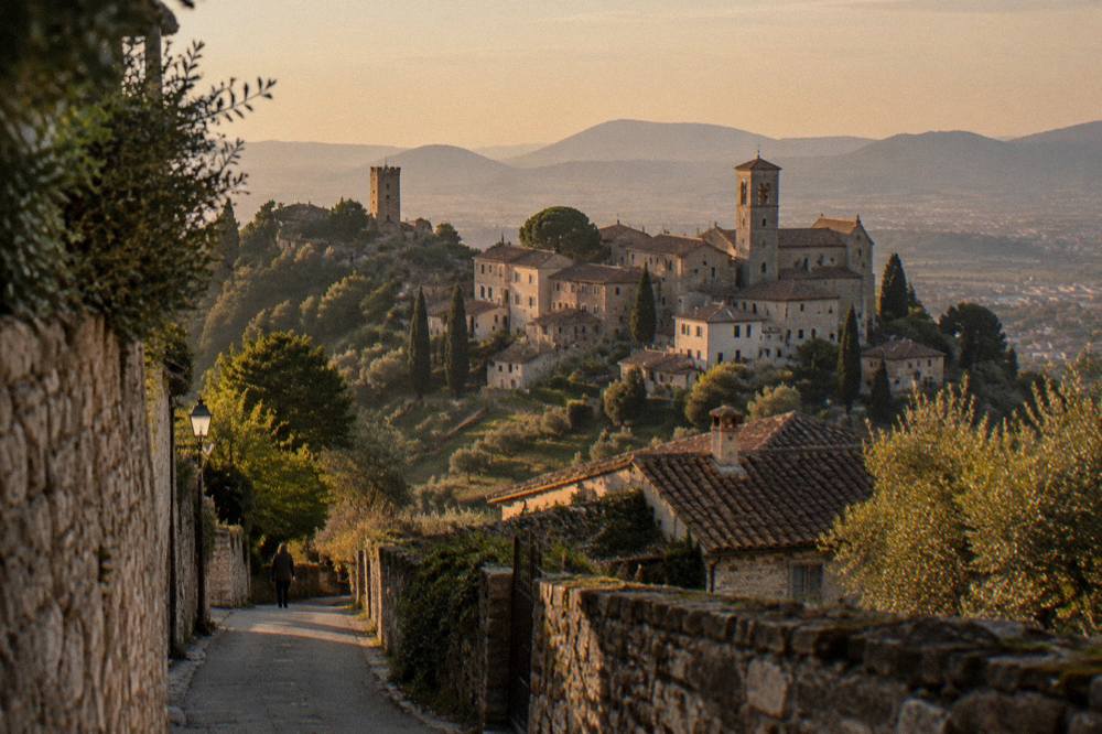 A walled hill town at golden hour with towers above rooftops