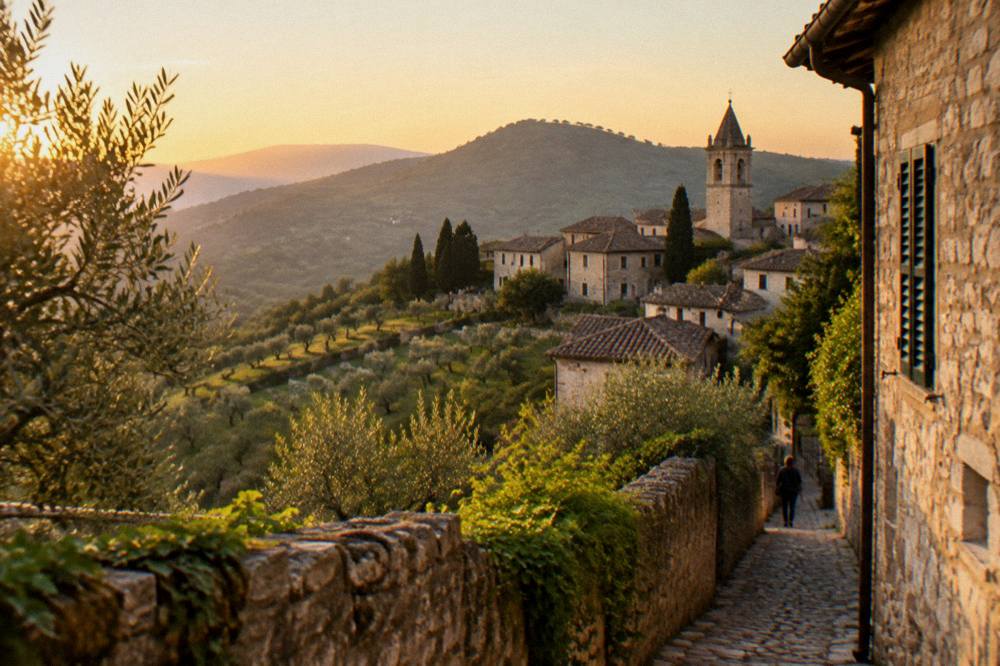 Olive trees terraced on a sunny slope with hills fading into haze